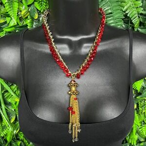 Red Crystal Woven Gold Tone Curb Chain Tassel Statement Necklace Adjustable 3817